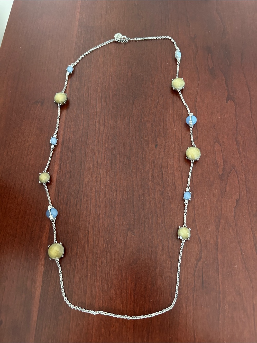 WHBM Silver Tone Necklace With Blue and Taupe Beads